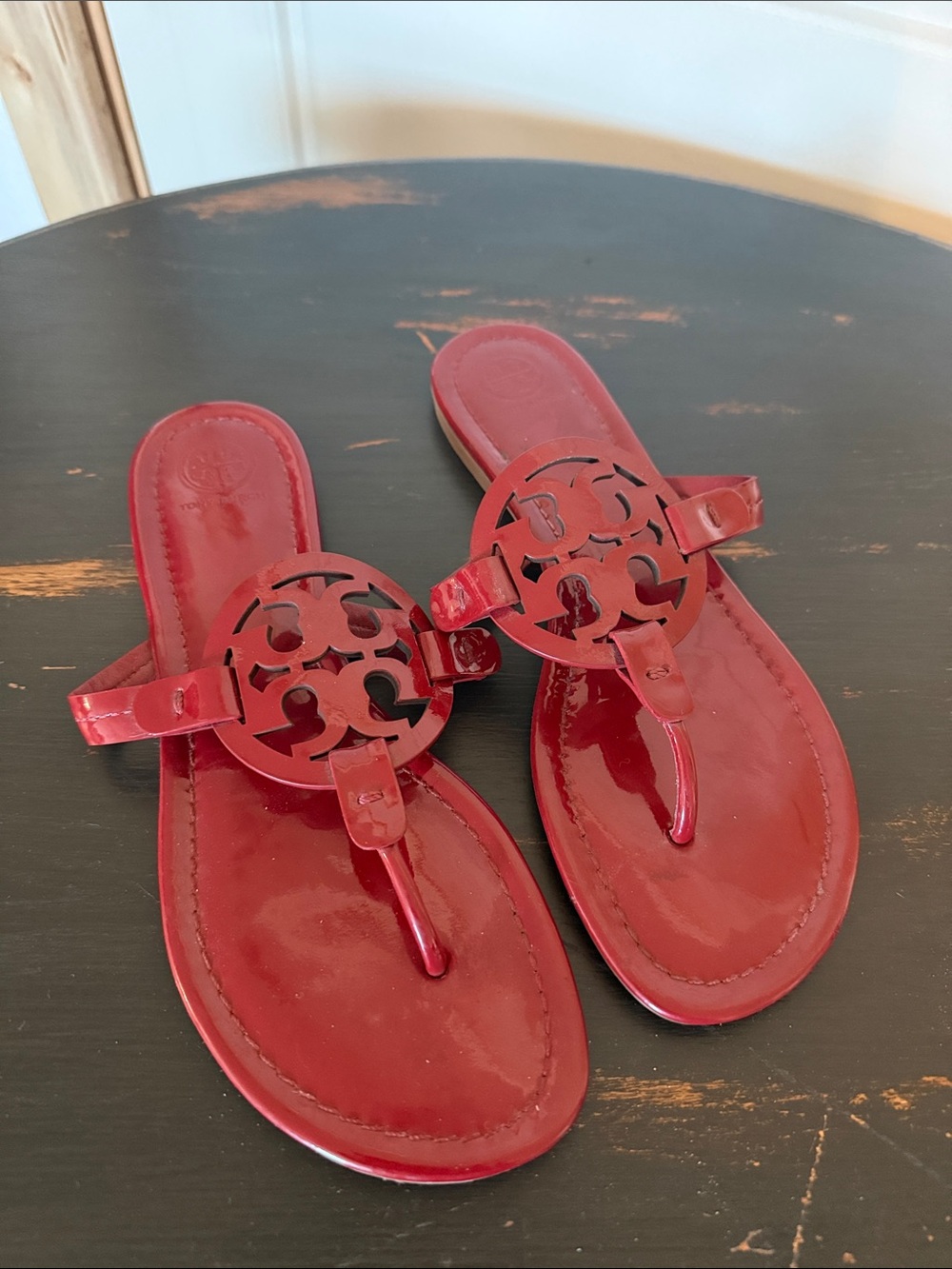 Tory Burch Red Patent Leather Logo Thong Sandals
